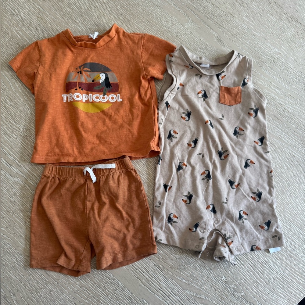 Pl Baby matching Toucan short, shirt and romper set, 18 months